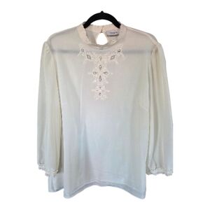 COACH 100% Silk Embroidered Victorian Puff Sleeve Blouse Cream